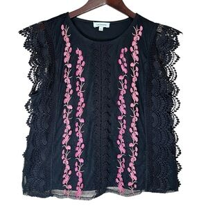 Calligraphie Black Lace Top Sleeveless Pink Embroidered Flowers Feminine Sz L